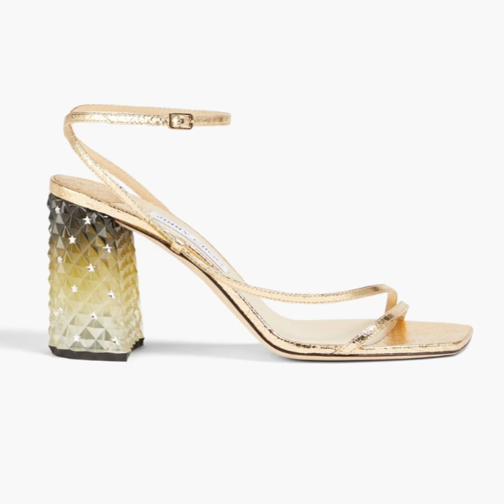 JIMMY CHOO - Art 85 - Green Block Heel Sandals in Gold - Size 37.5